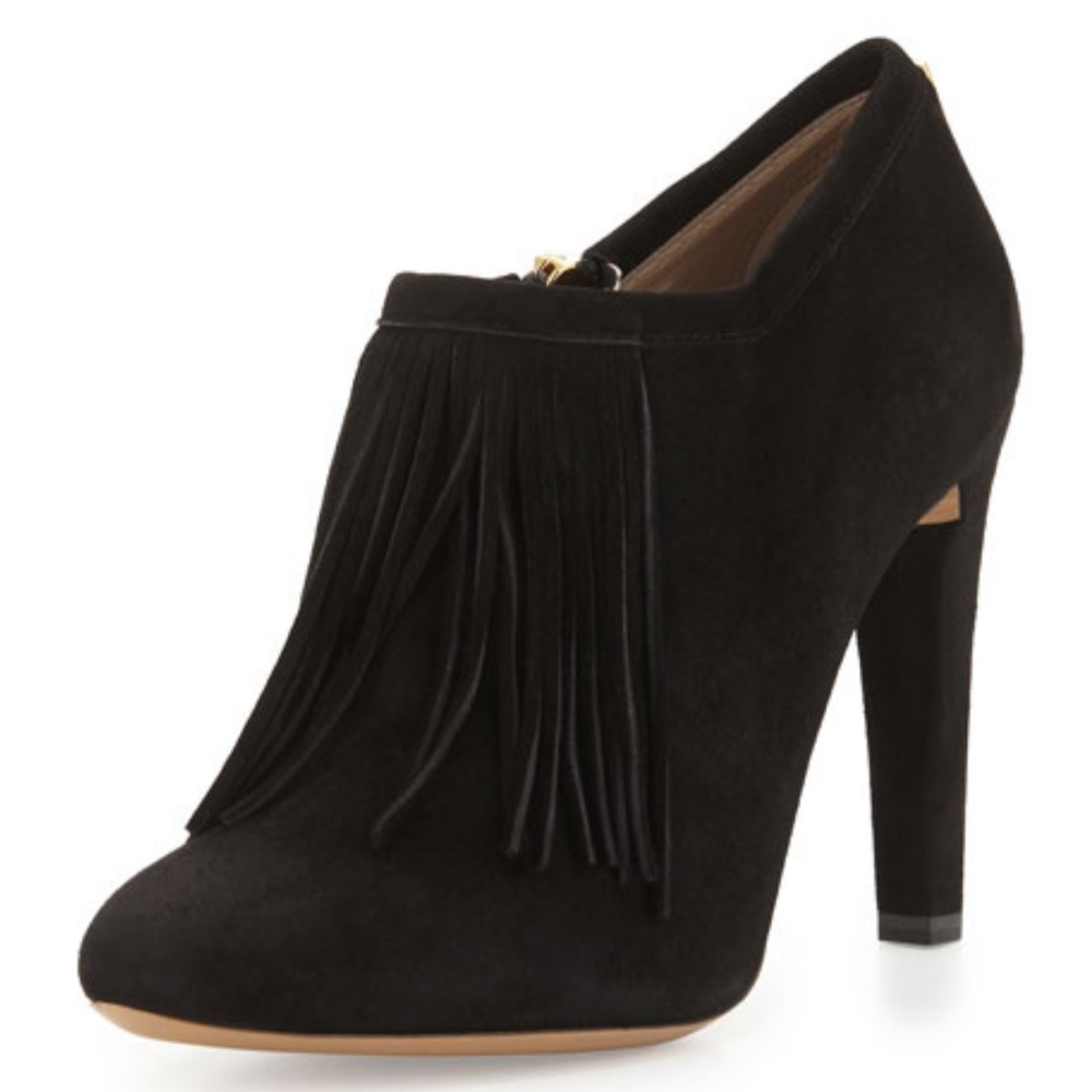 Chloe Suede Fringe-Front Black Ankle Bootie 36 6 gold accent hardware